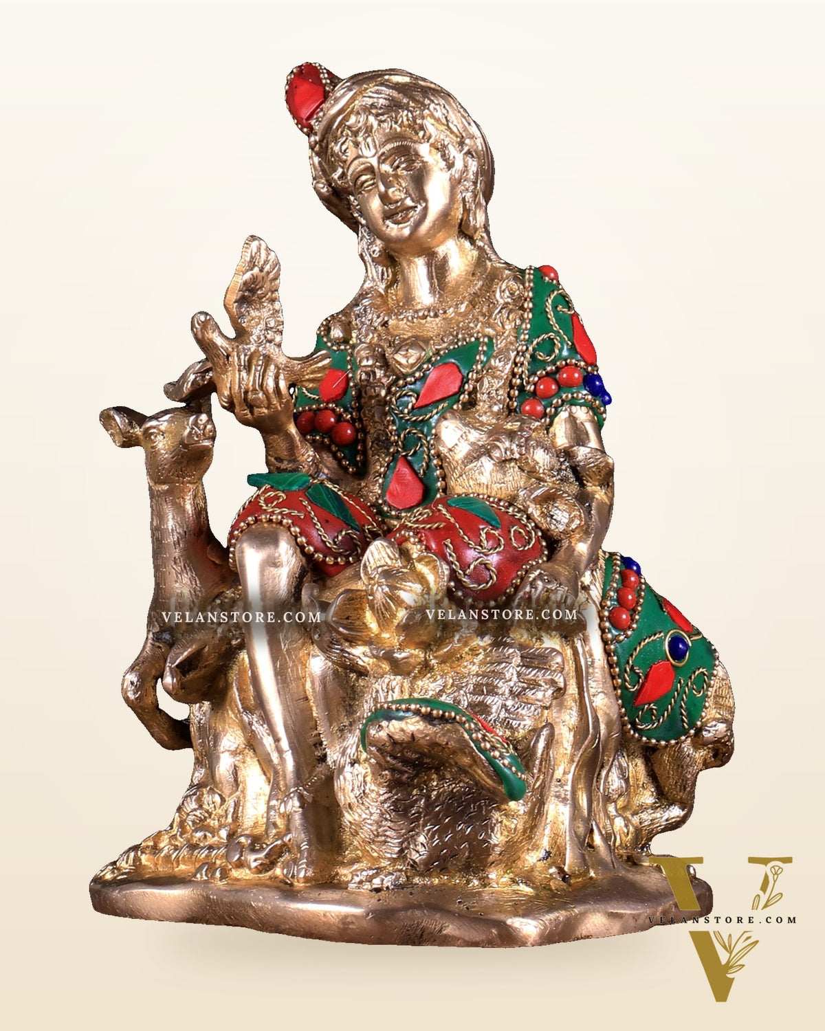 Pure Brass Sitting Lord Krishna Idol with Meenakari Stonework – Forest Scene 6 inch