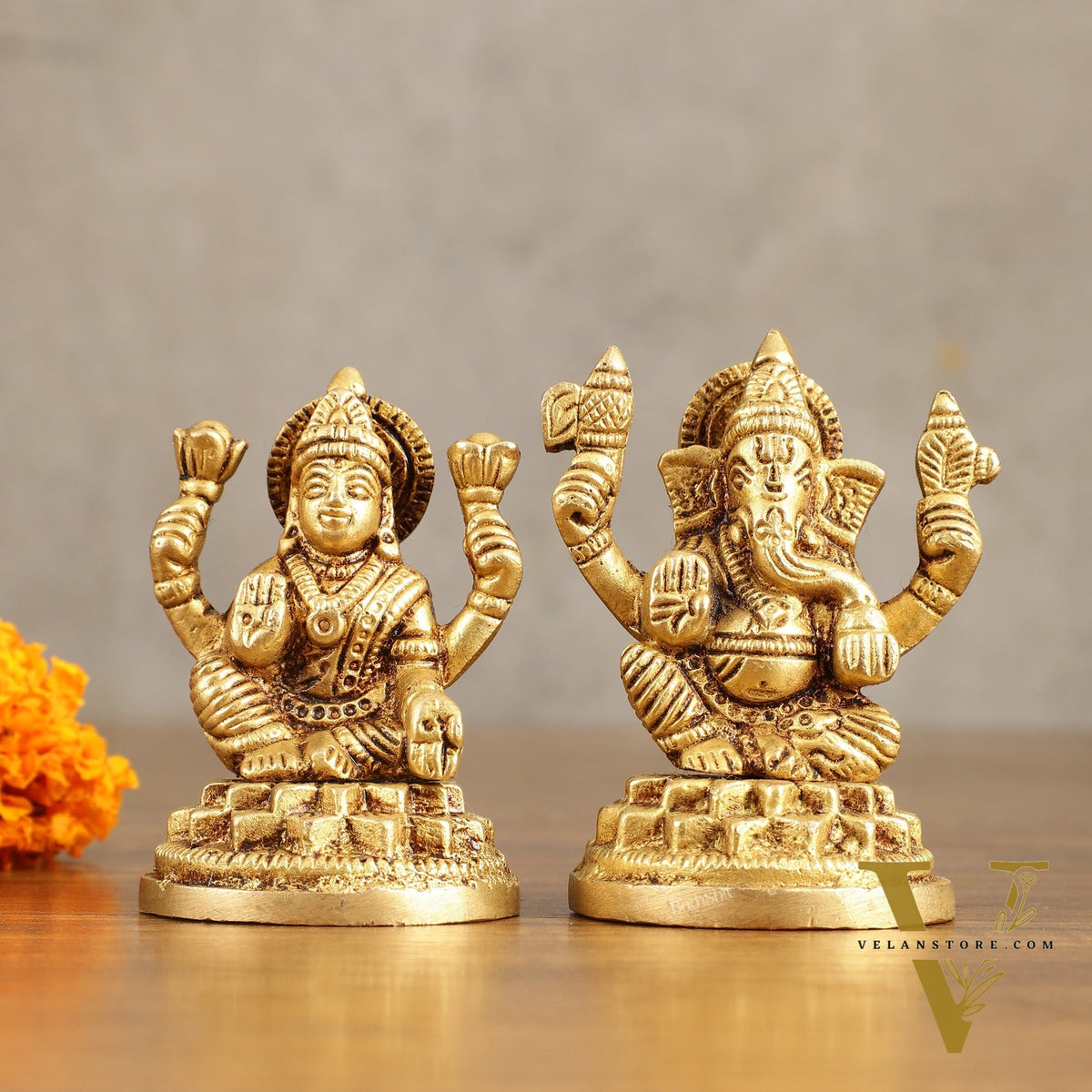 Pure Brass Small Ganesh Lakshmi Idols - 3.5 Inches