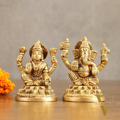 Pure Brass Small Ganesh Lakshmi Idols - 3.5 Inches