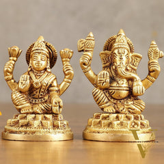Pure Brass Small Ganesh Lakshmi Idols - 3.5 Inches