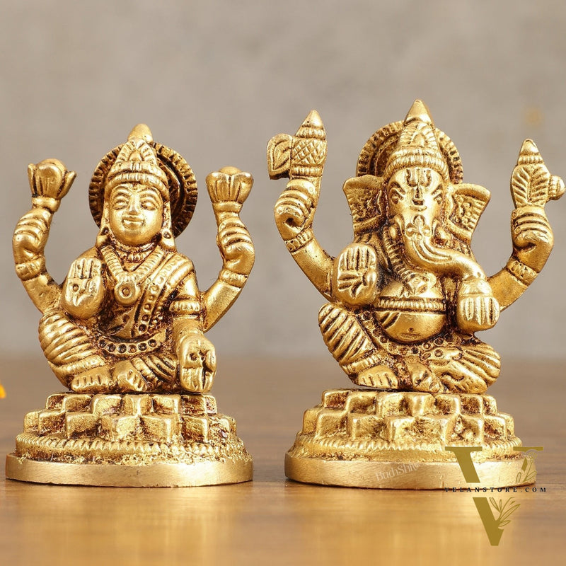 Pure Brass Small Ganesh Lakshmi Idols - 3.5 Inches