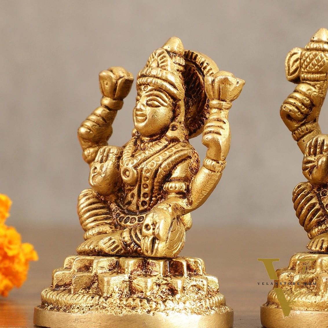 Pure Brass Small Ganesh Lakshmi Idols - 3.5 Inches