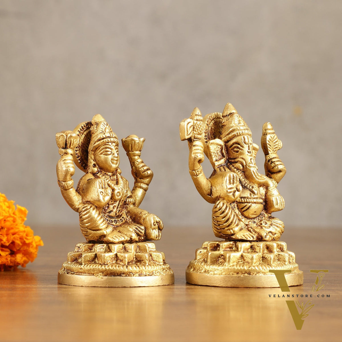 Pure Brass Small Ganesh Lakshmi Idols - 3.5 Inches