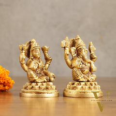 Pure Brass Small Ganesh Lakshmi Idols - 3.5 Inches