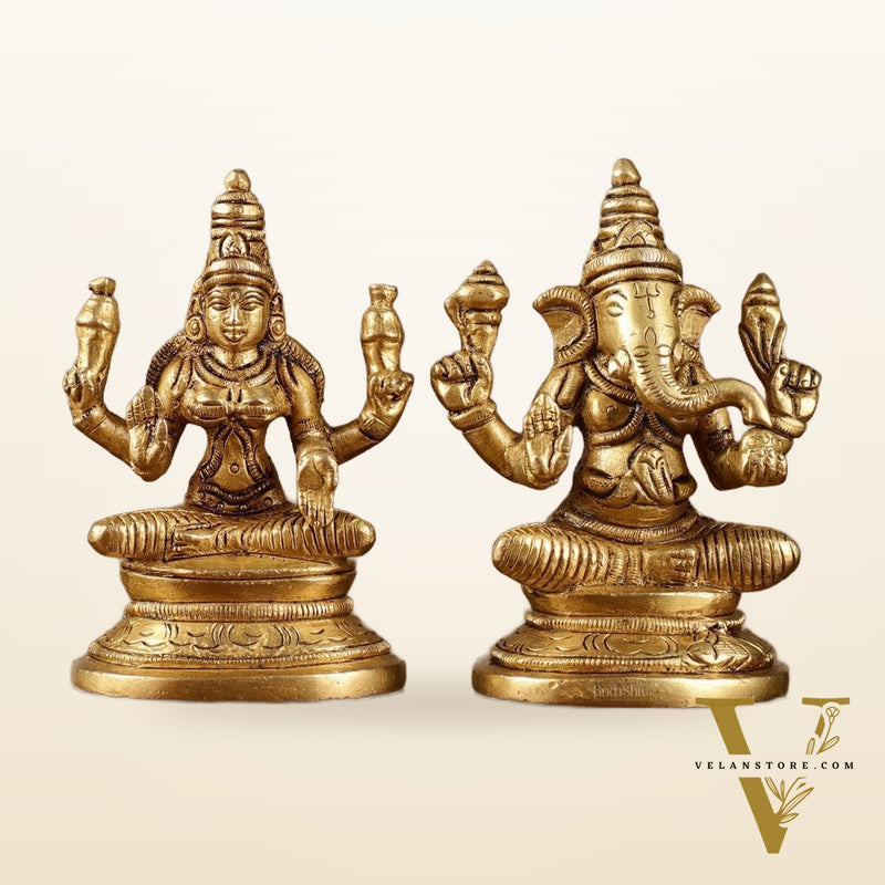 Pure Brass Small Lord Ganesha and Goddess Lakshmi Idol Pair | 3.5 Inch