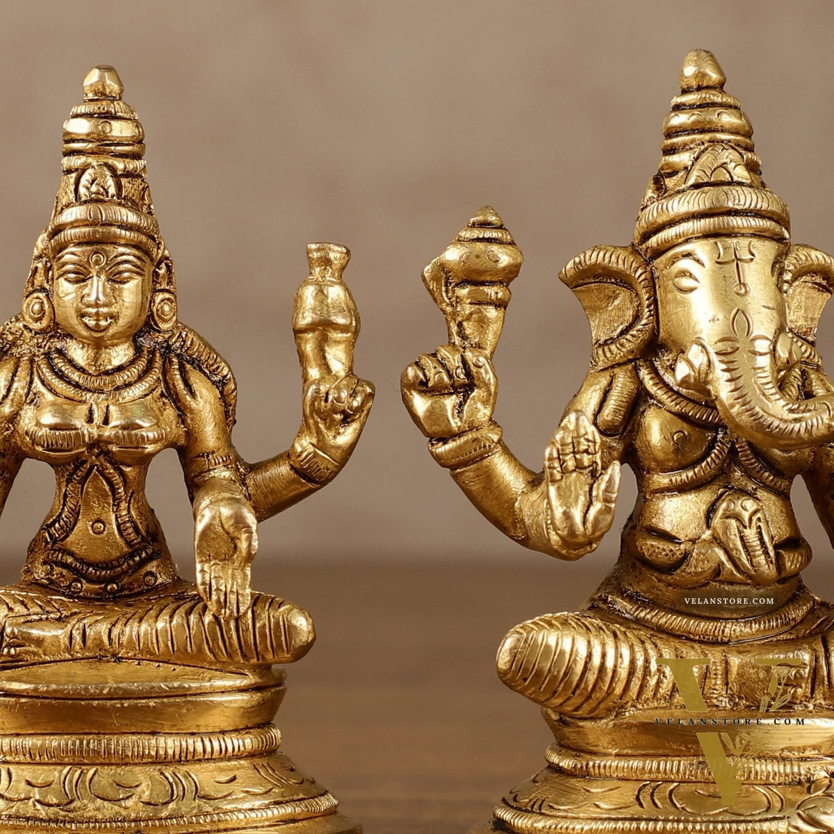 Pure Brass Small Lord Ganesha and Goddess Lakshmi Idol Pair | 3.5 Inch