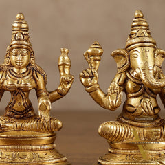Pure Brass Small Lord Ganesha and Goddess Lakshmi Idol Pair | 3.5 Inch