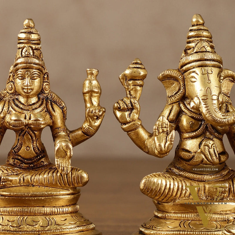 Pure Brass Small Lord Ganesha and Goddess Lakshmi Idol Pair | 3.5 Inch