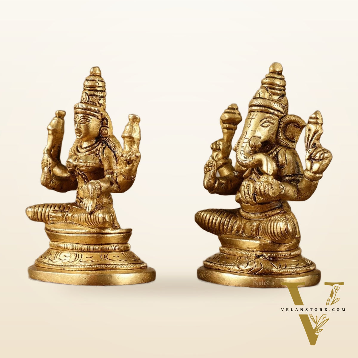 Pure Brass Small Lord Ganesha and Goddess Lakshmi Idol Pair | 3.5 Inch