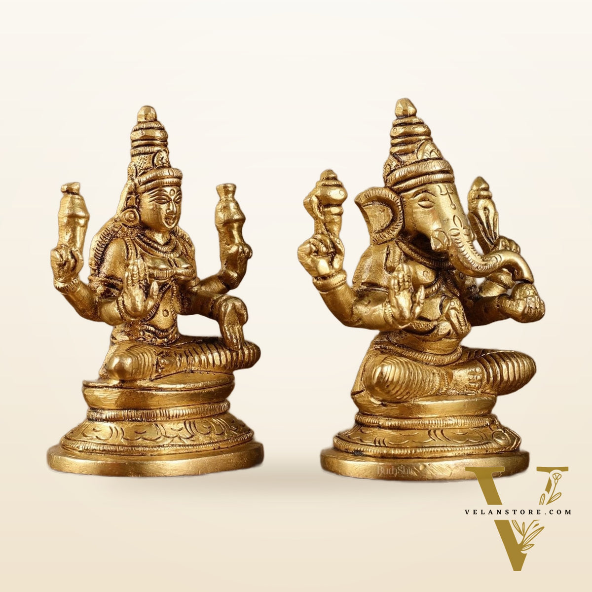 Pure Brass Small Lord Ganesha and Goddess Lakshmi Idol Pair | 3.5 Inch