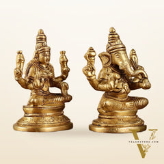 Pure Brass Small Lord Ganesha and Goddess Lakshmi Idol Pair | 3.5 Inch
