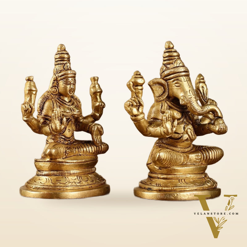 Pure Brass Small Lord Ganesha and Goddess Lakshmi Idol Pair | 3.5 Inch