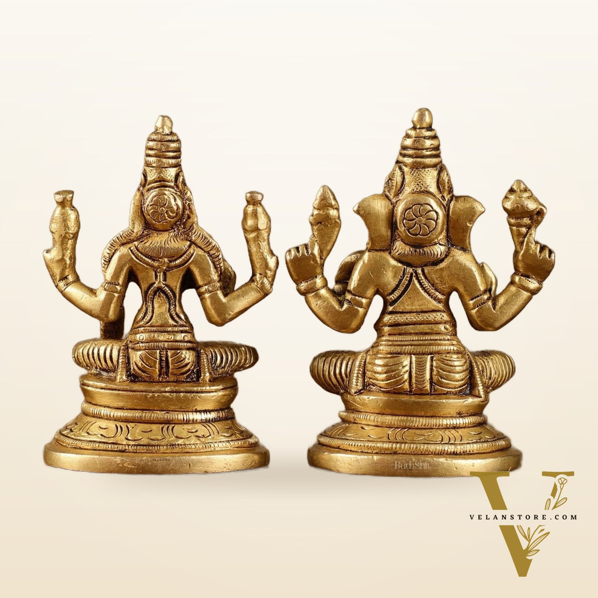 Pure Brass Small Lord Ganesha and Goddess Lakshmi Idol Pair | 3.5 Inch