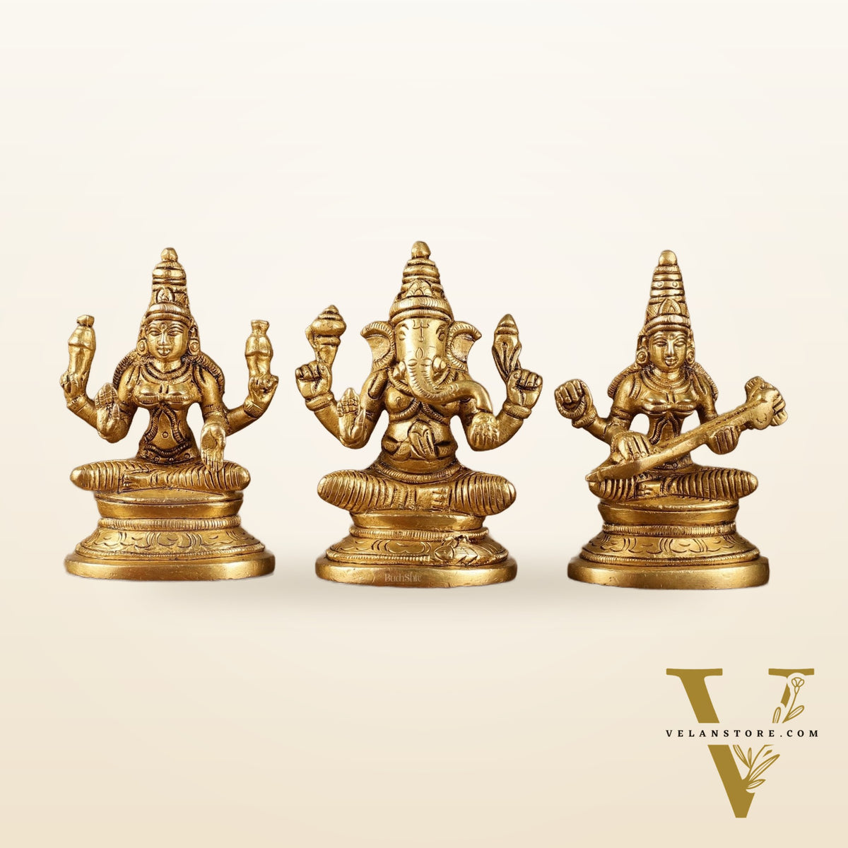 Pure Brass Small Lord Ganesha, Goddess Lakshmi, and Goddess Saraswati Idol Set | 3.5 Inch