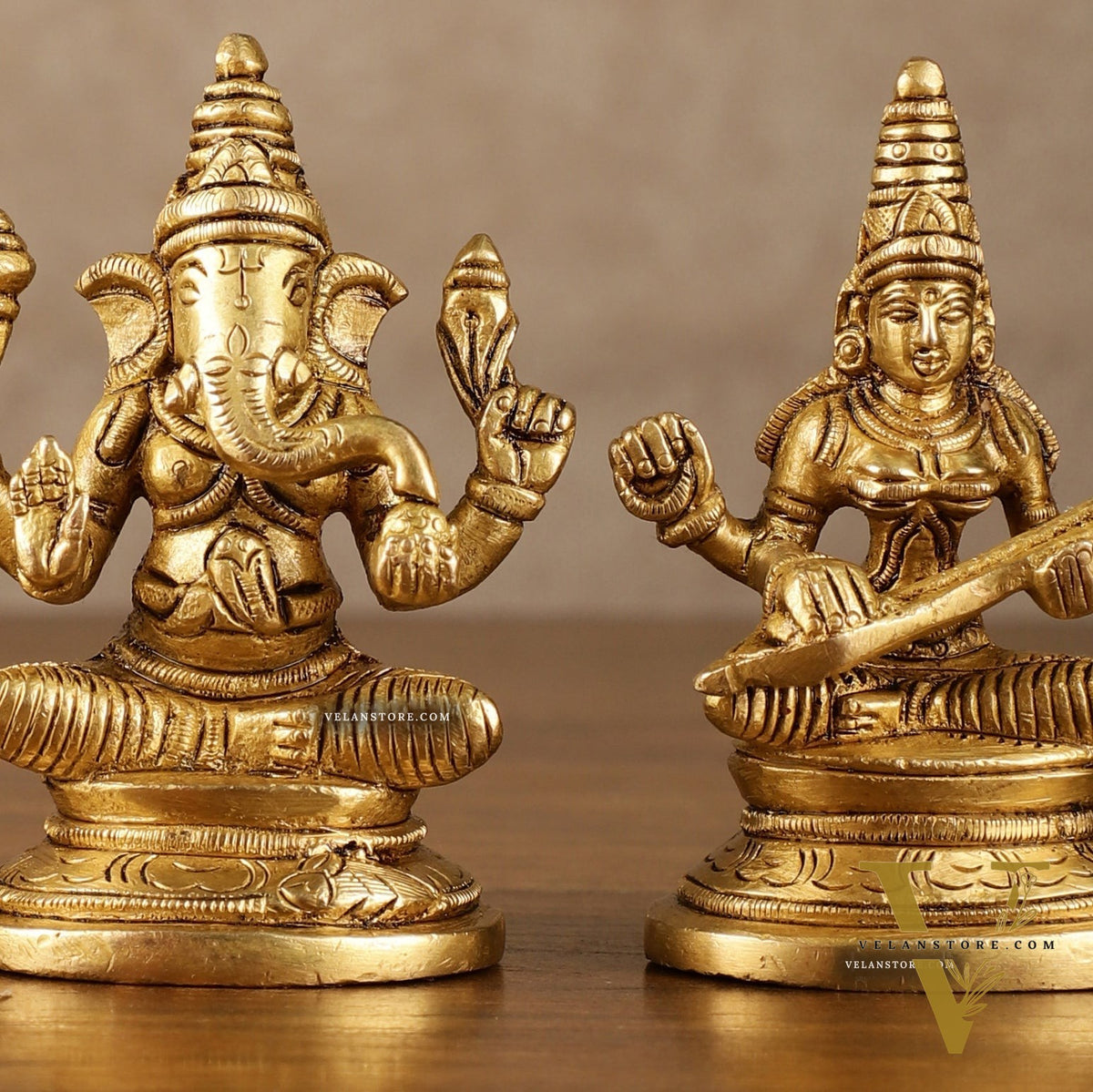 Pure Brass Small Lord Ganesha, Goddess Lakshmi, and Goddess Saraswati Idol Set | 3.5 Inch
