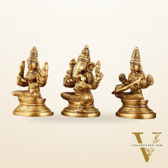Pure Brass Small Lord Ganesha, Goddess Lakshmi, and Goddess Saraswati Idol Set | 3.5 Inch