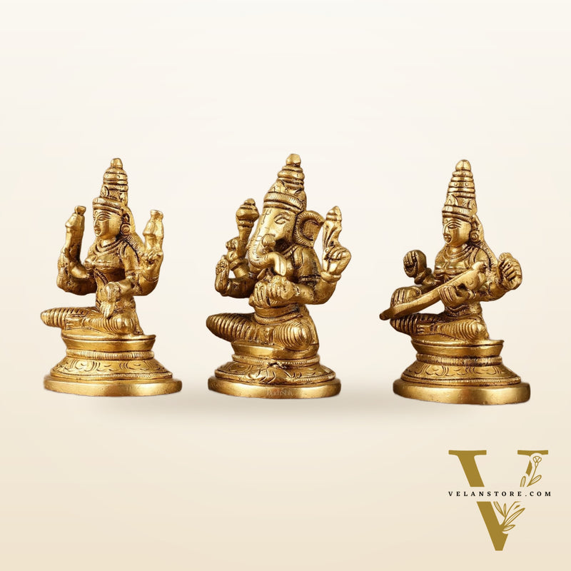 Pure Brass Small Lord Ganesha, Goddess Lakshmi, and Goddess Saraswati Idol Set | 3.5 Inch