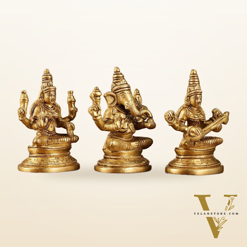 Pure Brass Small Lord Ganesha, Goddess Lakshmi, and Goddess Saraswati Idol Set | 3.5 Inch