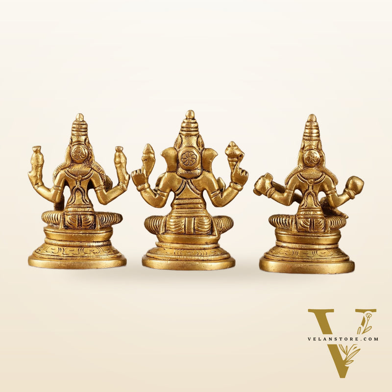 Pure Brass Small Lord Ganesha, Goddess Lakshmi, and Goddess Saraswati Idol Set | 3.5 Inch