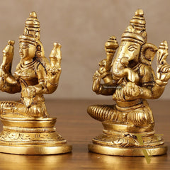 Pure Brass Small Lord Ganesha, Goddess Lakshmi, and Goddess Saraswati Idol Set | 3.5 Inch