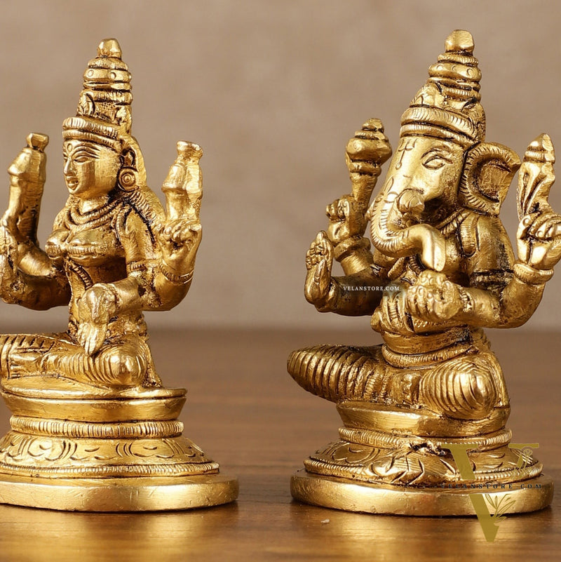 Pure Brass Small Lord Ganesha, Goddess Lakshmi, and Goddess Saraswati Idol Set | 3.5 Inch