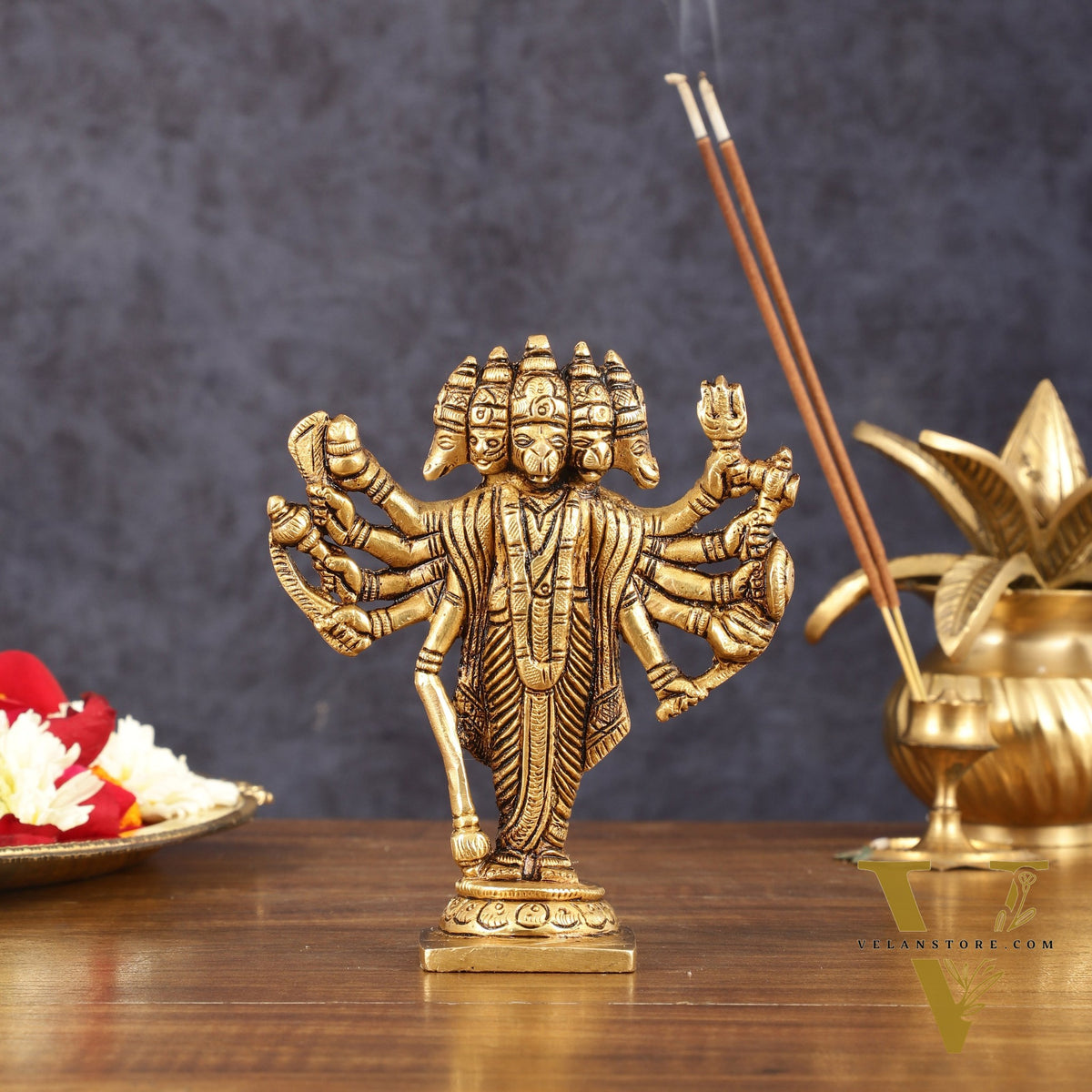Pure Brass Small Standing Panchmukhi Hanuman Idol - 5.5" Height