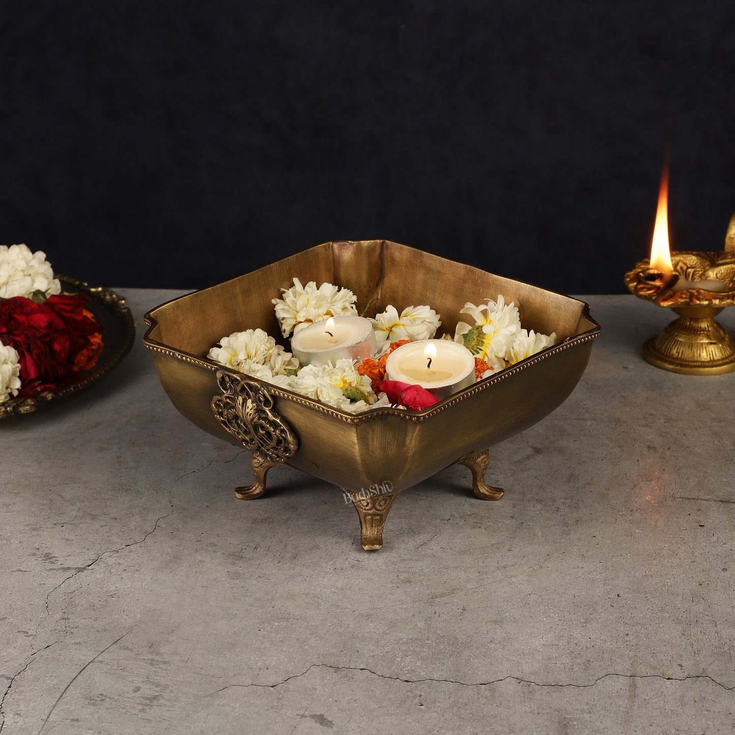 Pure Brass Square Shape Urli Multipurpose Bowl - Elegant and Versatile Decor