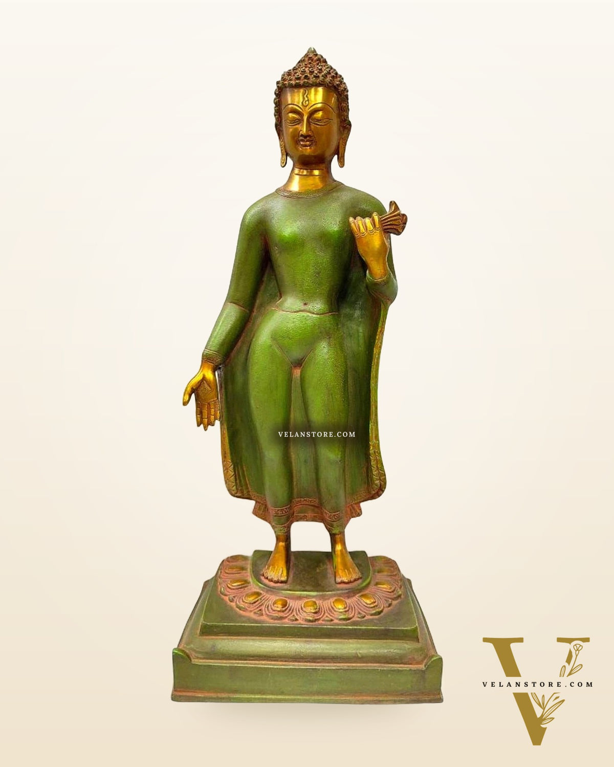 Pure Brass Standing Buddha Statue with Green Patina – 22" Height, Elegant Finish