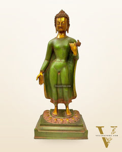 Pure Brass Standing Buddha Statue with Green Patina – 22" Height, Elegant Finish