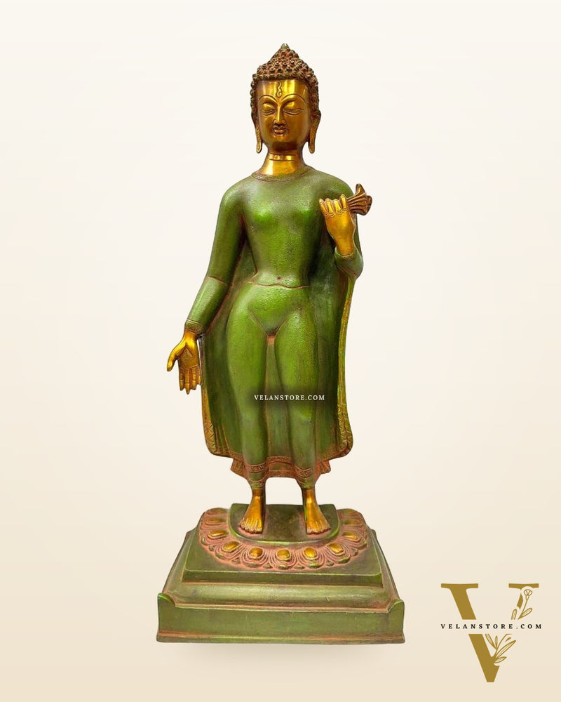 Pure Brass Standing Buddha Statue with Green Patina – 22" Height, Elegant Finish