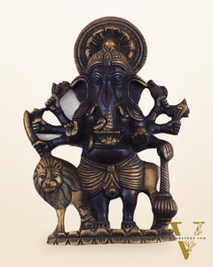 Pure Brass Standing Drishti Ganesha with Lion Wall Hanging 9" black finish