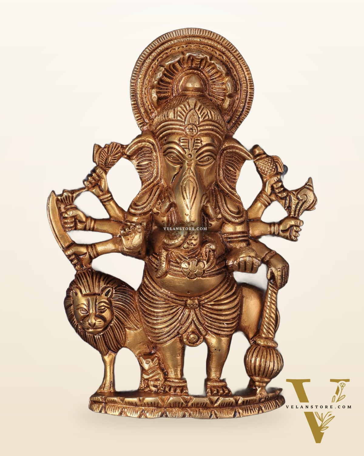 Pure Brass Standing Drishti Ganesha with Lion Wall Hanging 9"