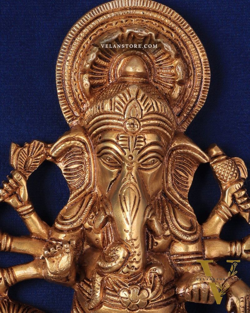 Pure Brass Standing Drishti Ganesha with Lion Wall Hanging 9"