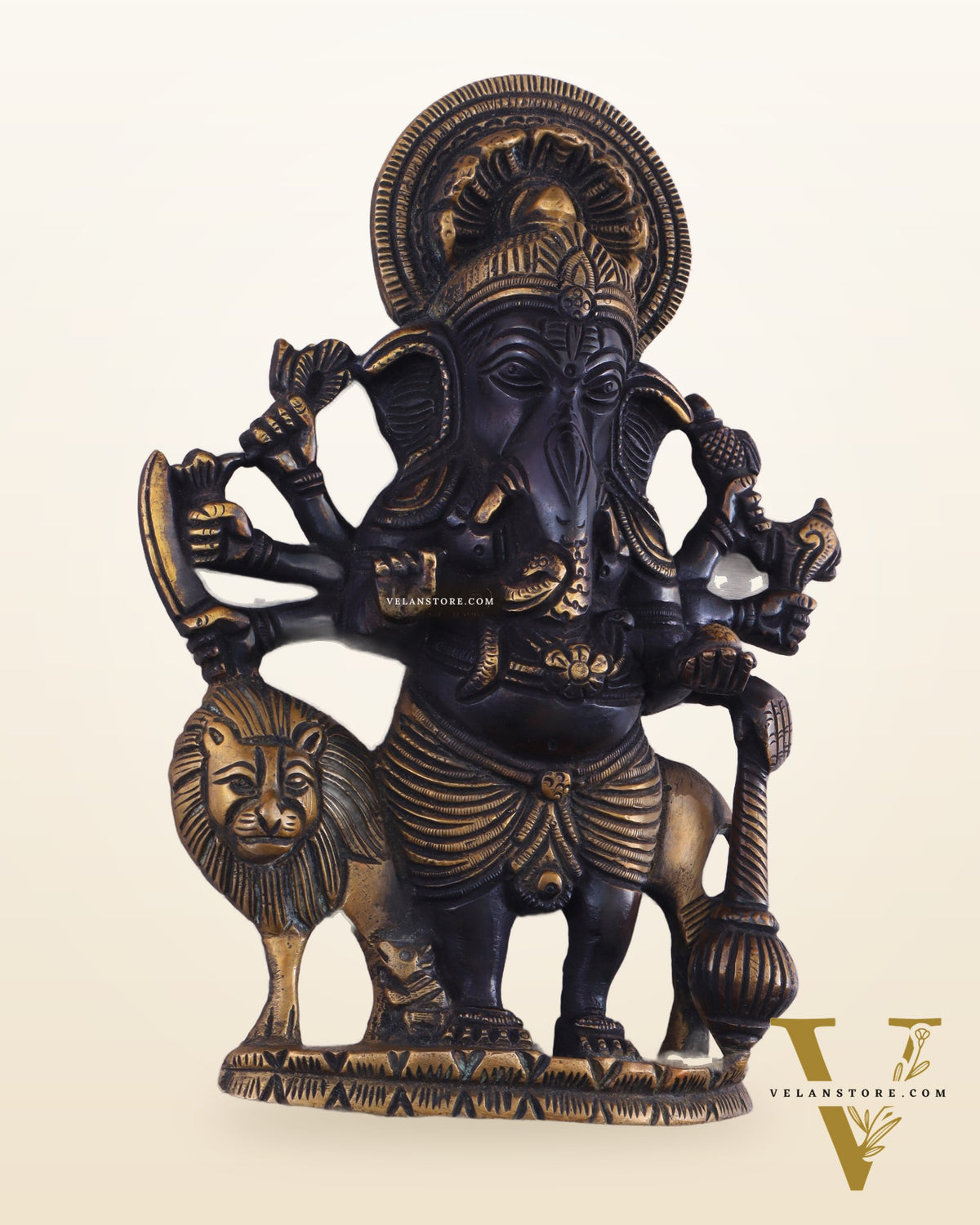 Pure Brass Standing Drishti Ganesha with Lion Wall Hanging 9" black finish