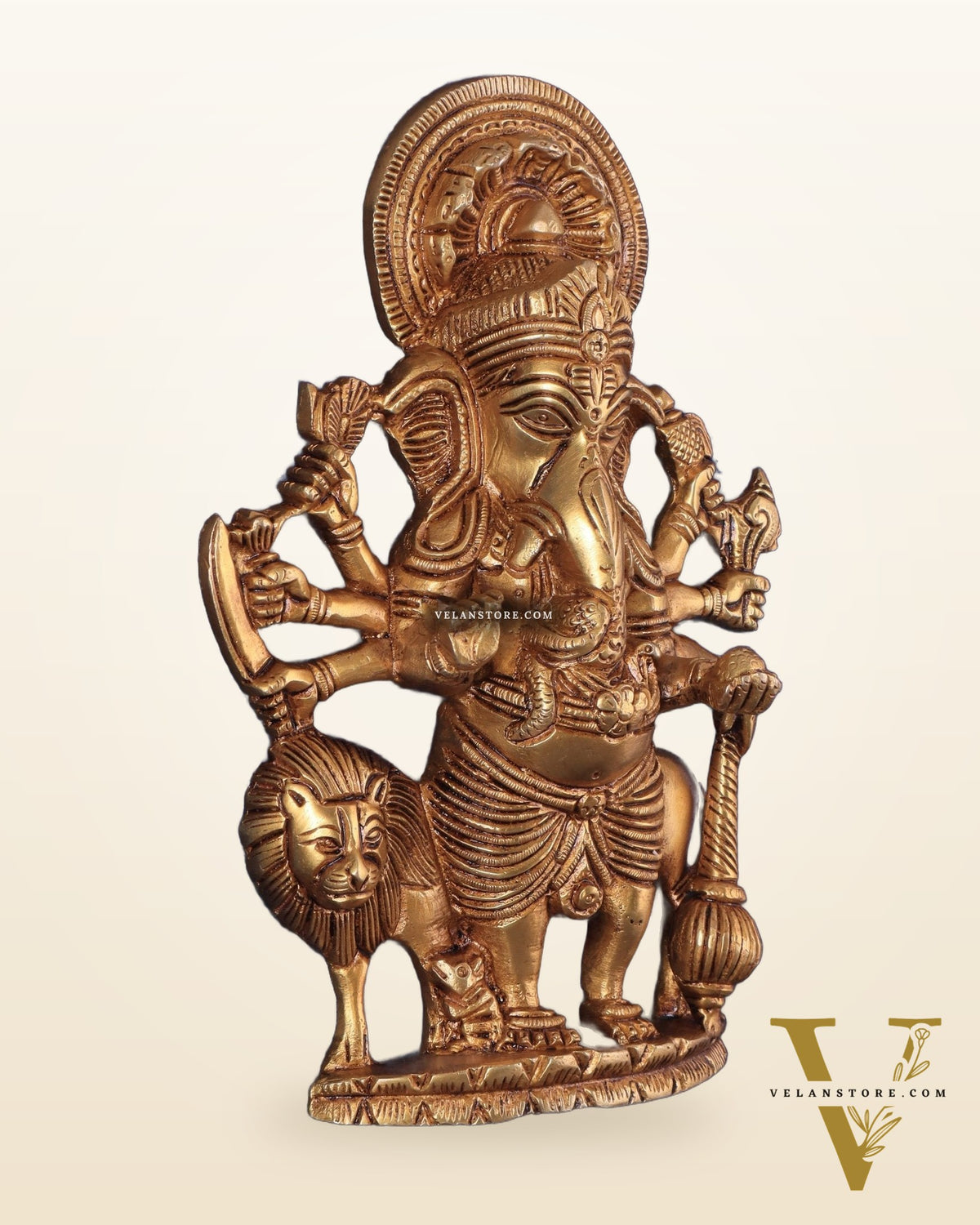 Pure Brass Standing Drishti Ganesha with Lion Wall Hanging 9"