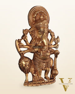 Pure Brass Standing Drishti Ganesha with Lion Wall Hanging 9"
