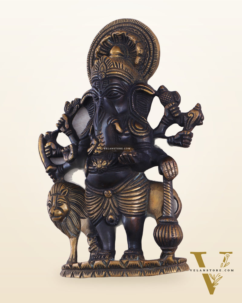 Pure Brass Standing Drishti Ganesha with Lion Wall Hanging 9" black finish