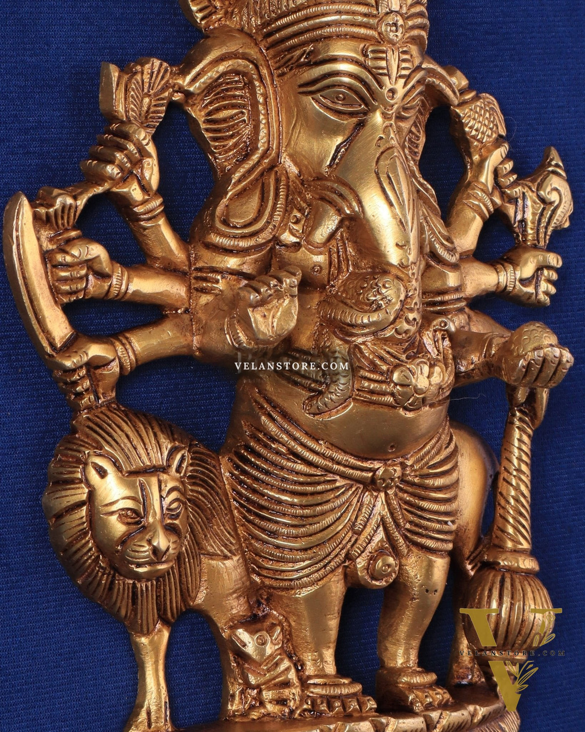 Pure Brass Standing Drishti Ganesha with Lion Wall Hanging 9"