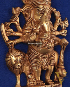 Pure Brass Standing Drishti Ganesha with Lion Wall Hanging 9"