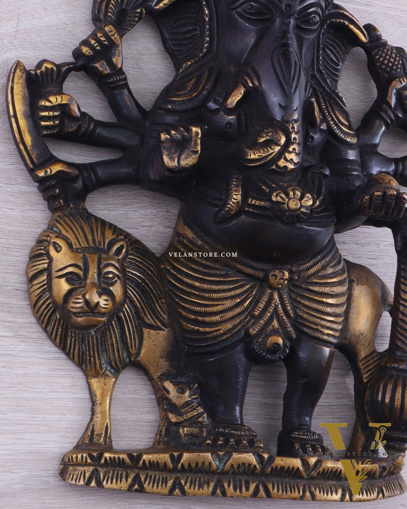 Pure Brass Standing Drishti Ganesha with Lion Wall Hanging 9" black finish