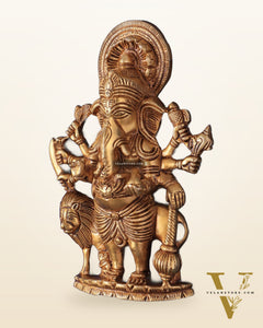 Pure Brass Standing Drishti Ganesha with Lion Wall Hanging 9"