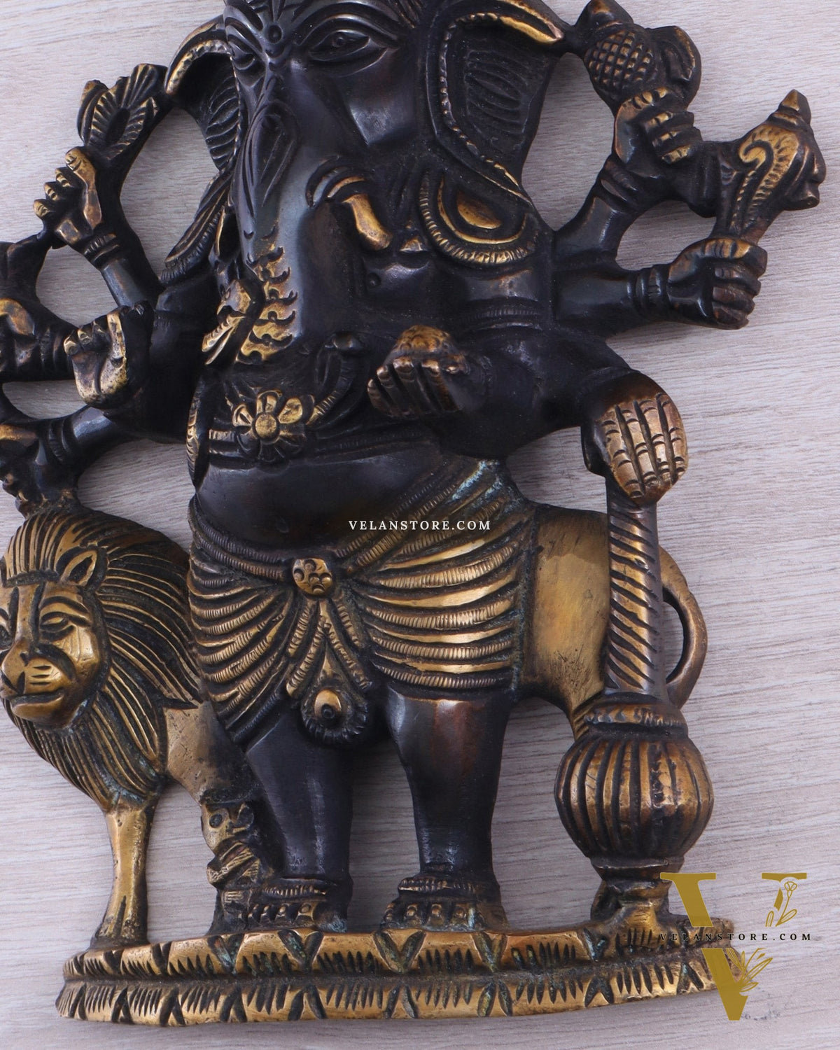Pure Brass Standing Drishti Ganesha with Lion Wall Hanging 9" black finish