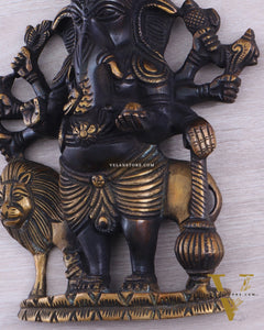 Pure Brass Standing Drishti Ganesha with Lion Wall Hanging 9" black finish