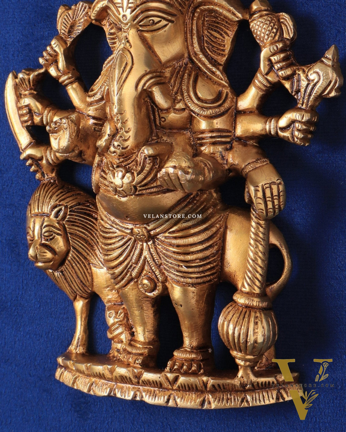 Pure Brass Standing Drishti Ganesha with Lion Wall Hanging 9"