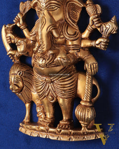 Pure Brass Standing Drishti Ganesha with Lion Wall Hanging 9"