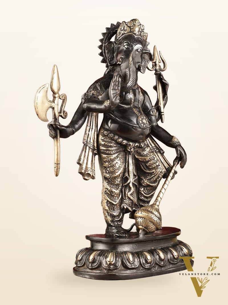Pure Brass Standing Ganapati Statue - Black Finish | 18"