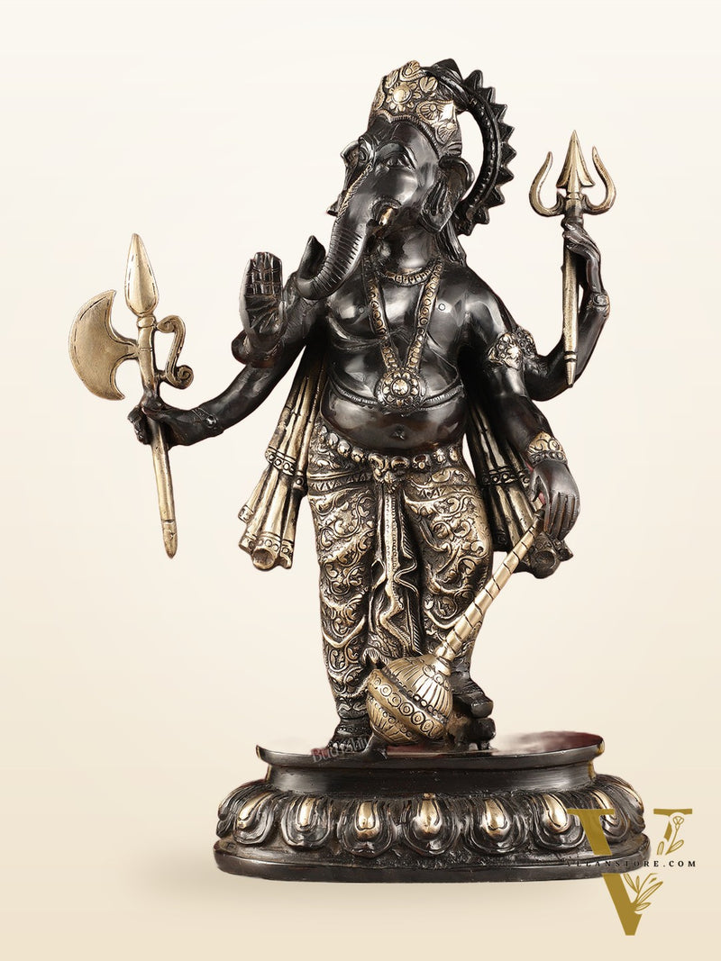 Pure Brass Standing Ganapati Statue - Black Finish | 18"