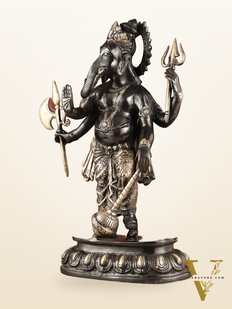 Pure Brass Standing Ganapati Statue - Black Finish | 18"