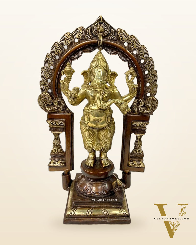 Pure Brass Standing Ganapati Statue with Prabhavali Arch 14" | Dual-Tone Finish