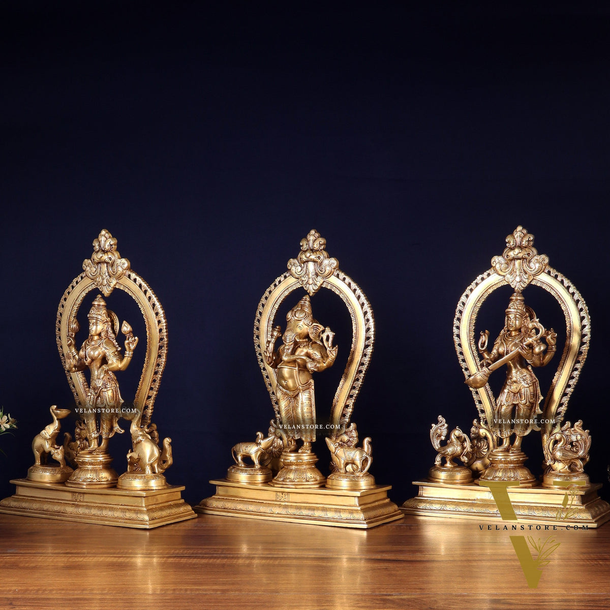 Pure Brass Standing Ganesha Lakshmi Saraswati Idol Set | 15”